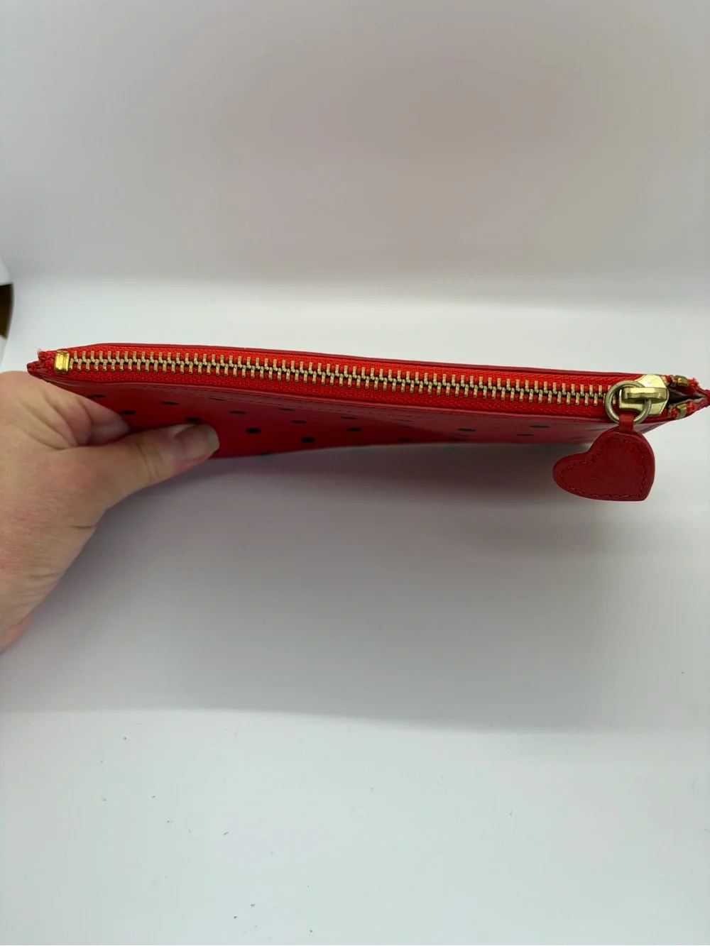 J.Crew Red Leather Polka Dot Pouch Clutch with heart ❤️ Zipper Bag